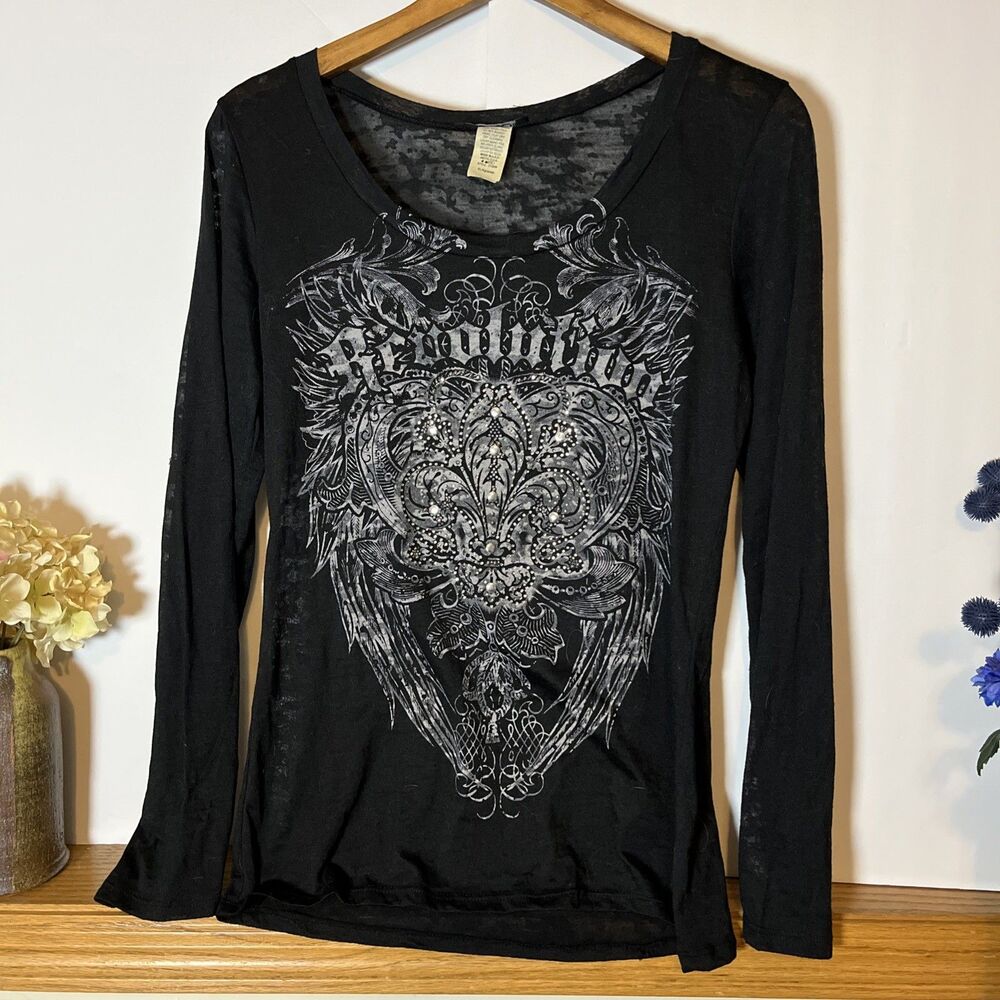 CottyOn Womens XL Black Rhinestone See-Thru Revolution Long Sleeve Top